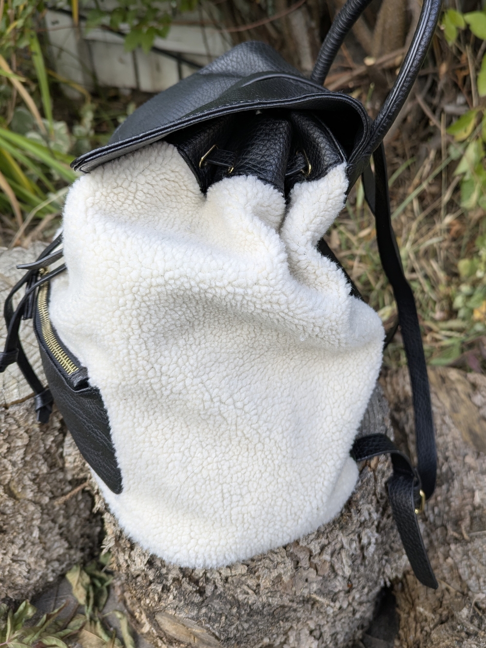 Indigo Cozy Chic Faux Shearling Sherpa Backpack Black Leather Buckle Daypack - Picture 7 of 14
